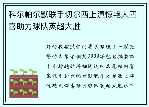 科尔帕尔默联手切尔西上演惊艳大四喜助力球队英超大胜