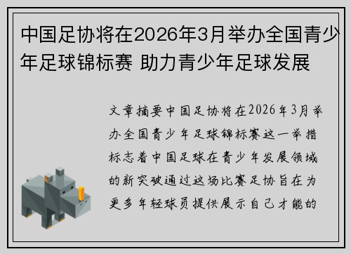 中国足协将在2026年3月举办全国青少年足球锦标赛 助力青少年足球发展
