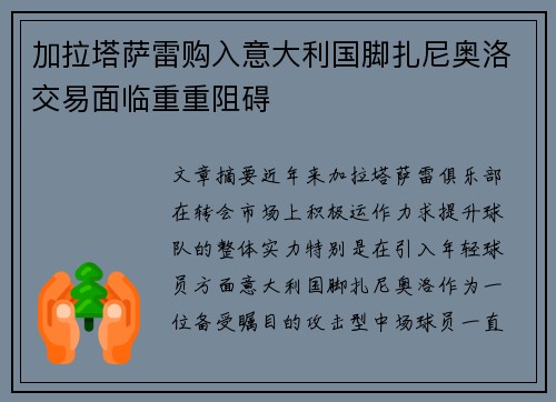 加拉塔萨雷购入意大利国脚扎尼奥洛交易面临重重阻碍