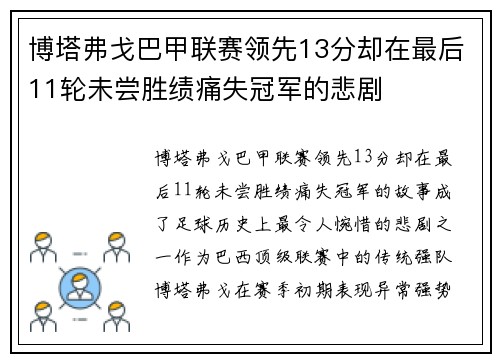 博塔弗戈巴甲联赛领先13分却在最后11轮未尝胜绩痛失冠军的悲剧