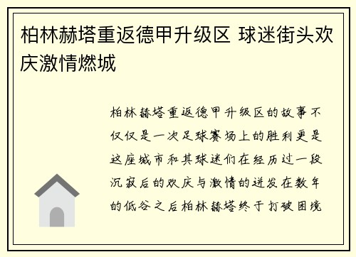 柏林赫塔重返德甲升级区 球迷街头欢庆激情燃城 柏林赫塔重返德甲升级区 球迷街头欢庆激情燃城
